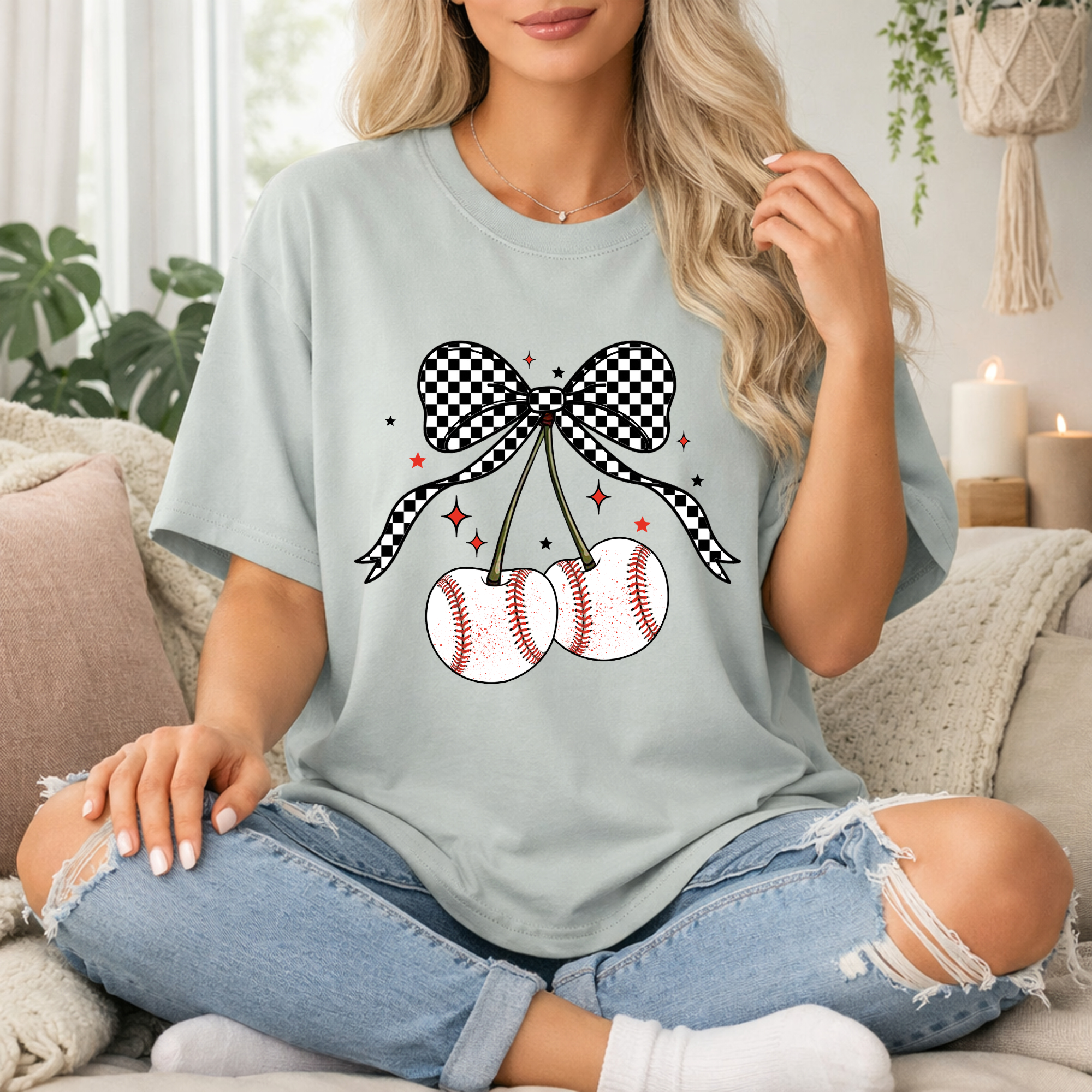 Checkered Baseball Bow Short Sleeve T-Shirt
